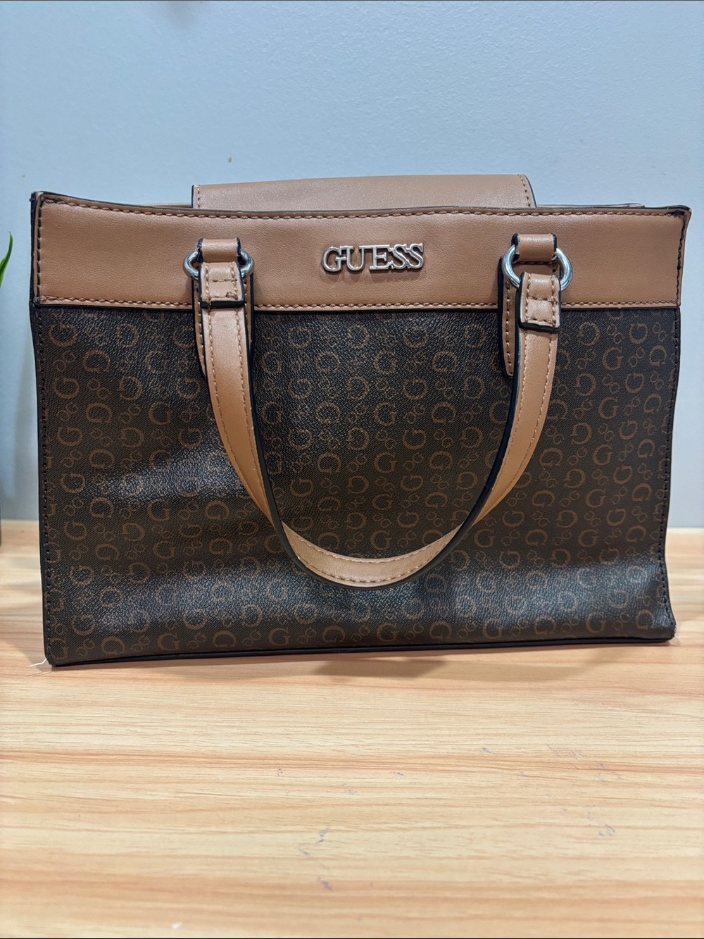 GUESS Brown and Tan Logo Satchel Tote
